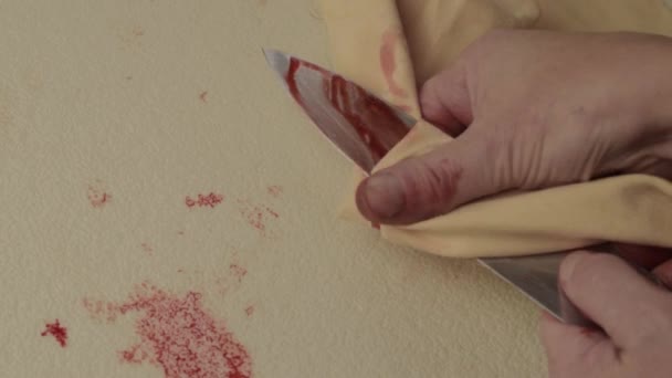 Bloody Hand Criminal Murderer Wiping Blood Knife Stabbing — Video Stock