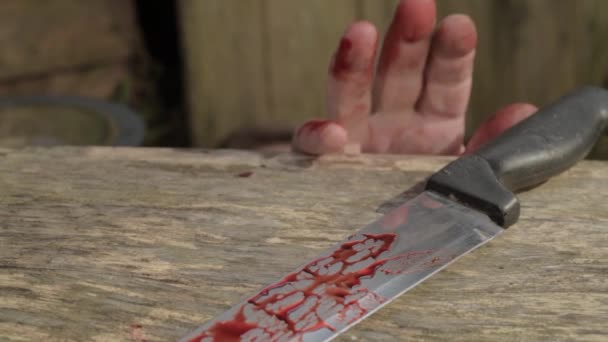Blood Stained Hand Reaches Get Bloody Knife Close — Vídeo de Stock