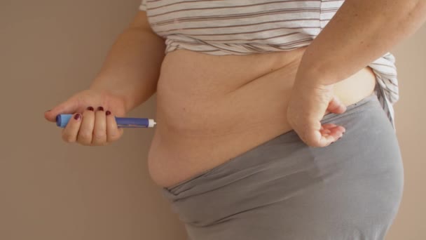 Woman Applying Diabetes Medicine Her Belly Slow Motion — Αρχείο Βίντεο