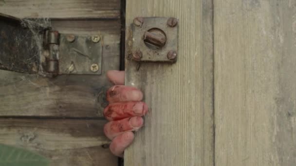 Creepy Blood Stained Hand Slowly Opens Wooden Door — Stok Video