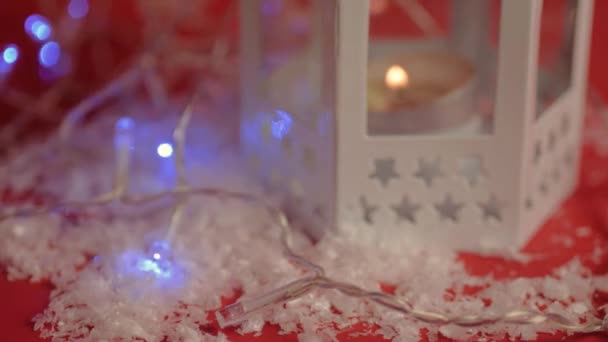 Christmas Lights Background Candle Lantern Red Background — Vídeos de Stock