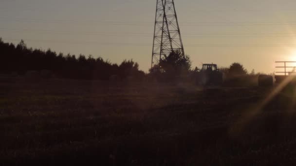 Tractors Sunset Rural Field Sunset Horizon — Stock Video