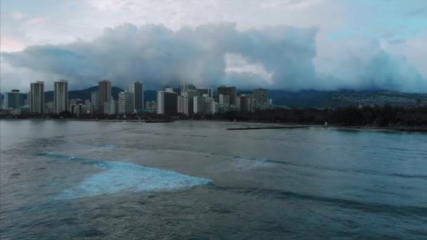 ハワイのホノルルの空中ドローン映像 美しい不動産 街の建物 パームツリー 海とビーチ — ストック動画