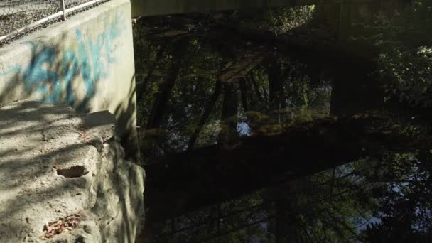Old Graffiti Concrete Bridge Water Rippling Peacefully — Stockvideo