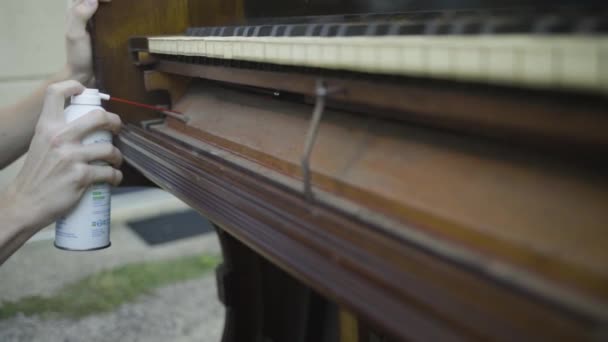 Cleaning Vintage Pump Organ Compressed Air Slow Motion — Stock Video