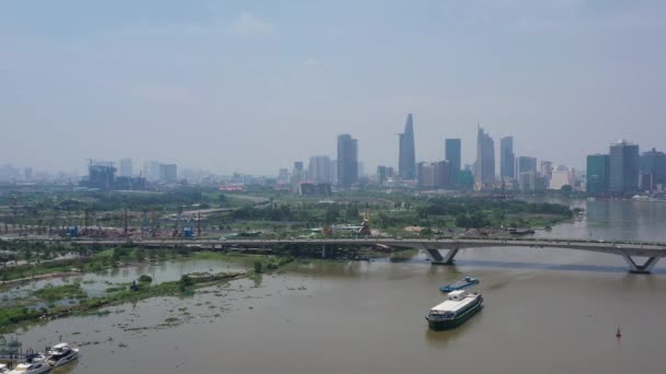 Aerial Shot Freighter Transporting Shipping Containers Saigon River Sunny Clear — Video Stock