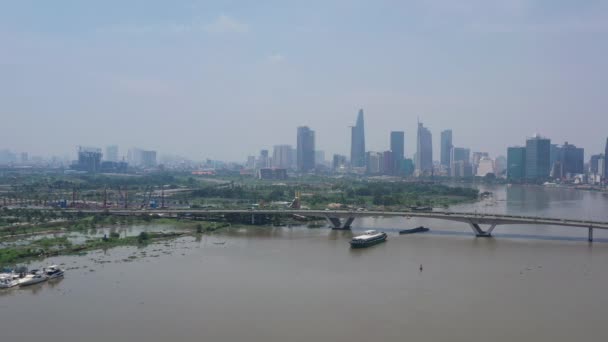 Aerial Slow Push Freighter Transporting Shipping Containers Saigon River Sunny — Vídeo de Stock