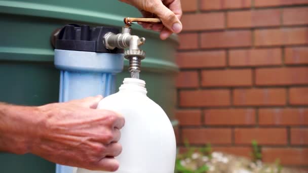 Male Caucasian Hands Fill Plastic Container Water Tank Close — 图库视频影像