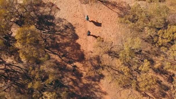 Aerial Rising Reveal Hikers Walking Dirt Trail Outback Australia — 비디오