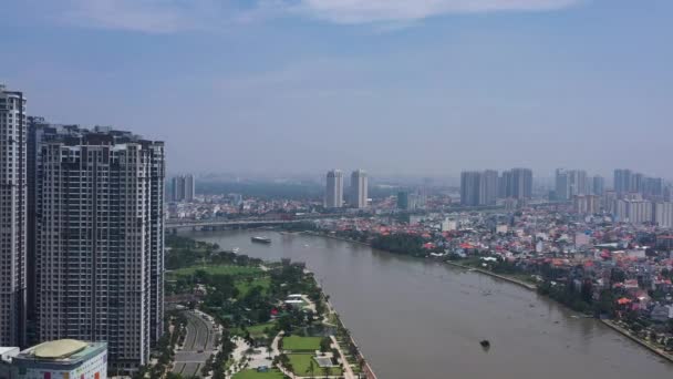 Aerial View Saigon River Flying New Apartment Buildings Binh Thanh — Stockvideo