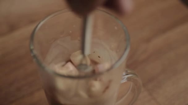 Stirring Glass Mug Hot Chocolate Marshmallows Whisk — Stockvideo