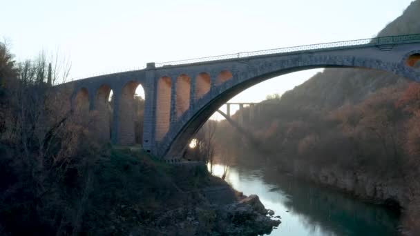 Aerial Large Arched Stone Bridge Side View Sunset Solkan Slovenia — Video Stock