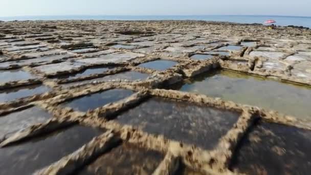 Aerial Low Altitude Drone Fly Salt Pans Island Gozo Malta — Stockvideo