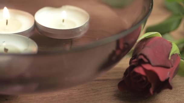 Floating Tea Light Candles Red Rose Romantic Evening — Stock video