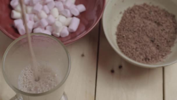 Despeje Uma Porção Chocolate Quente Com Marshmallow Ingredientes Chocolate — Vídeo de Stock