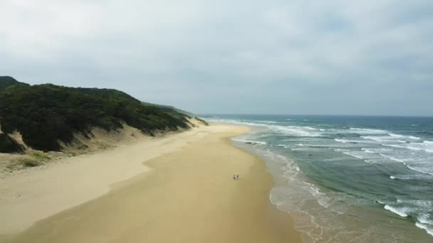 Aerial Family Walks Huge Sandy Beach Ocean Waves Cloudy Sky — Stok video