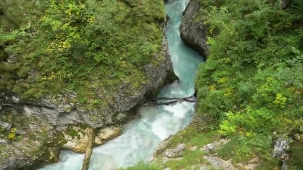 Fluxo Fluvial Que Flui Entre Encostas Das Montanhas Leutaschklamm Alemanha — Vídeo de Stock