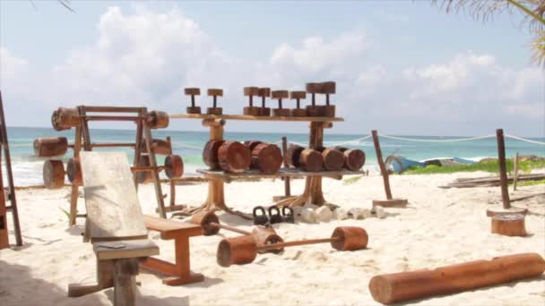 Long Shot Wood Made Gym Beach Sea Background — Αρχείο Βίντεο