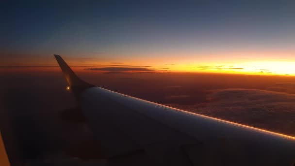 Beautiful Orange Sunset View Left Airplane Wing Turning Right — Stock Video