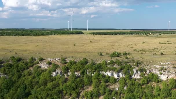 Aerial Slide Right Wind Turbine Park Green Flat Field — Stockvideo