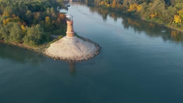 Amazing Aerial Drone Footage Danube River Old Lighthouse Beach Video — Stock Video