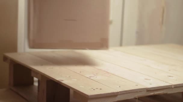 Robotnicy Przenoszący Układający Kartonowe Pudełka Drewnianej Palecie — Wideo stockowe