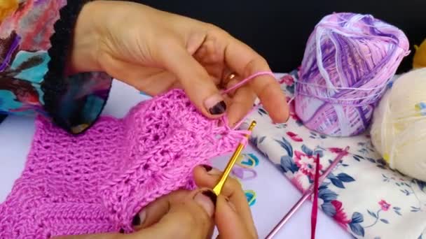 Close Shot Professional Woman Hands Crocheting Dress Girl Hook Pink — Stock Video