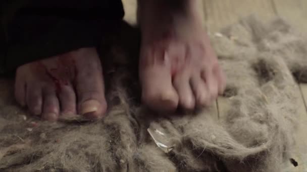 Desperate Dirty Bloody Bare Feet Walking Dusty Floor — Stock video