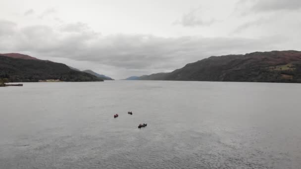 Passing Three Canoes Loch Ness Cloudy Day Scotland Aerial — Video