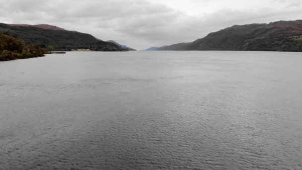 Flying Low Choppy Loch Ness Water Gray Day Scotland Aerial — Video
