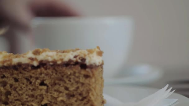 Comedor Cafetería Disfrutando Una Taza Café Pastel Zanahoria — Vídeo de stock