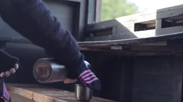 Woman Pouring Flask Hot Coffee Nature Hide — Stock Video