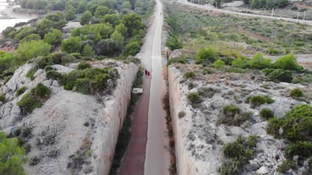 Couple Walks Dogs Path Made Rock Cliff Vegetation Sides — Stok video