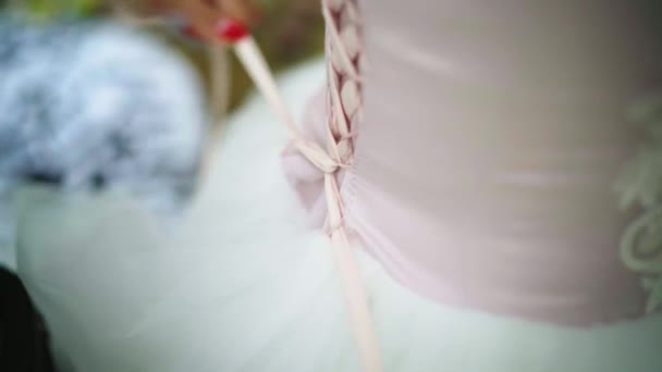 Woman Hands Lace Wedding Dress Corset Wedding Dress Lace — Stockvideo