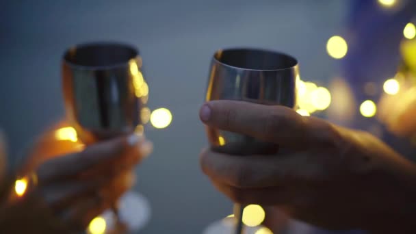 Bride Groom Clinking Silver Glasses Surrounded Lights Night Couple Cheers — Stockvideo