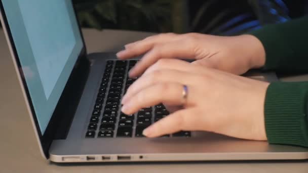 Woman Working Macbook Table Female Fast Typing Keyboard Laptop Close — стоковое видео