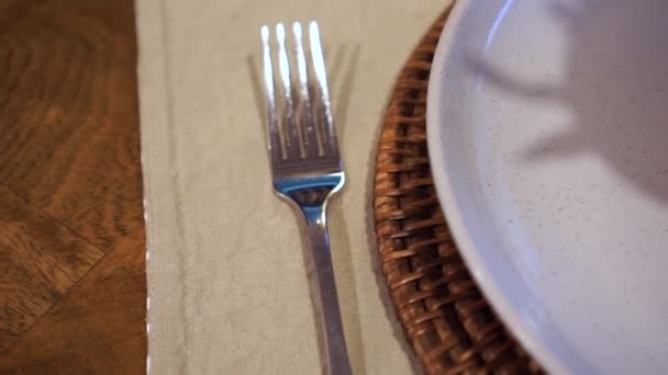 Small Plant Pot Dinner Plate Knife Fork Close Reveal — Vídeo de Stock