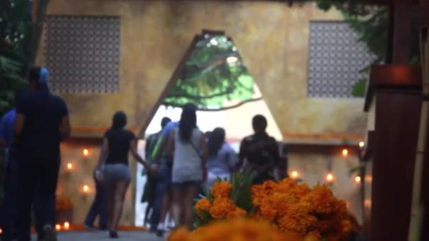 Távoli Lövés Díszvirágok Vannak Előtérben Emberek Háttérben Sétálnak Holtak Napjának — Stock videók