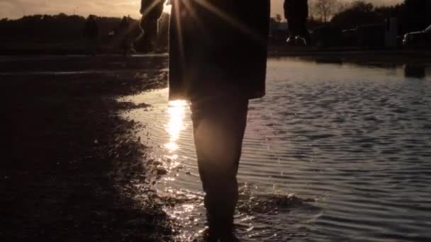 Silhouette Person Splashing Puddle Water Sunset — Stock video