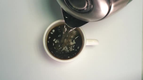 Preparing Cup Black Instant Coffee Hot Water Poured White Mug — Video