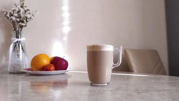 Womans Hand Takes Away Cup Hot Coffee Milk Hot Latte — Vídeos de Stock