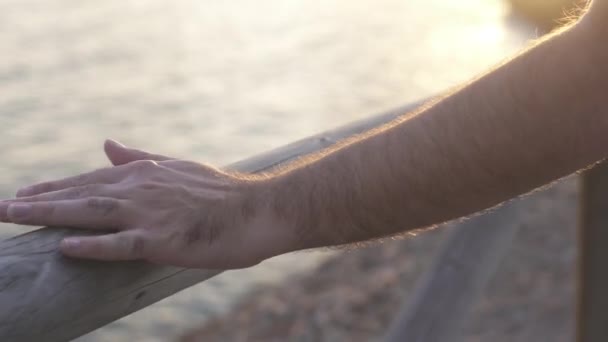 Hand Man Caresses Sinete Touch Trunk Railing Sunset Coast Background — Vídeo de stock