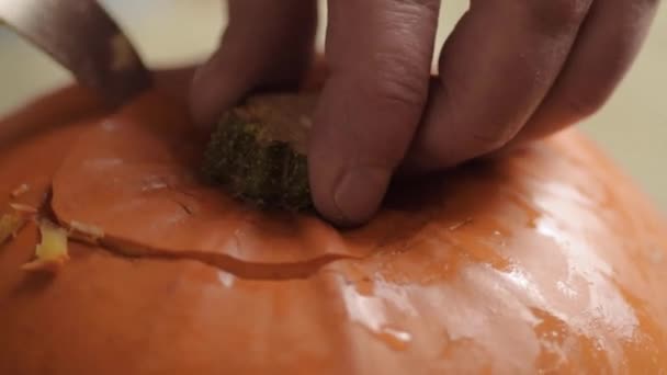 Removing Top Ripe Fresh Pumpkin Knife — Vídeo de stock