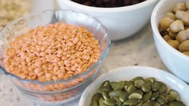 Plant Based Foods Legumes Seeds Displayed Bench Rotating Close — Video