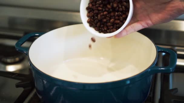 Male Hand Tips Black Beans Large Baking Pot Stove Slow — Stockvideo
