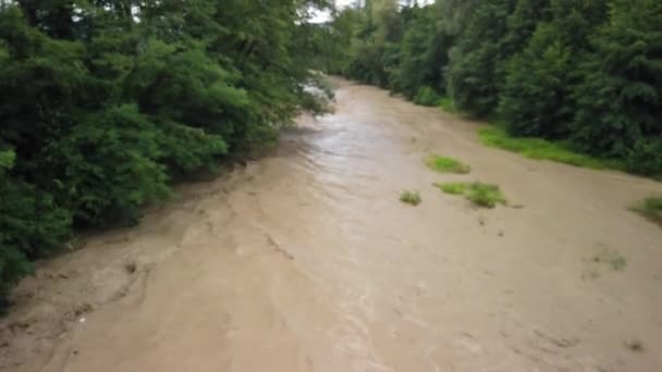 Stirred River Taking Its Way Trees Powerful Storm Muddy Water — Stockvideo