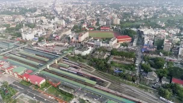 Aerial View City Train Station Railway Football Pitch Residential Buildings — Video Stock