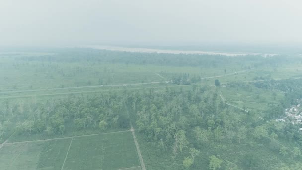 Aerial Dolly Backwards Flight Green Nature Landscape Foggy Day — Video Stock