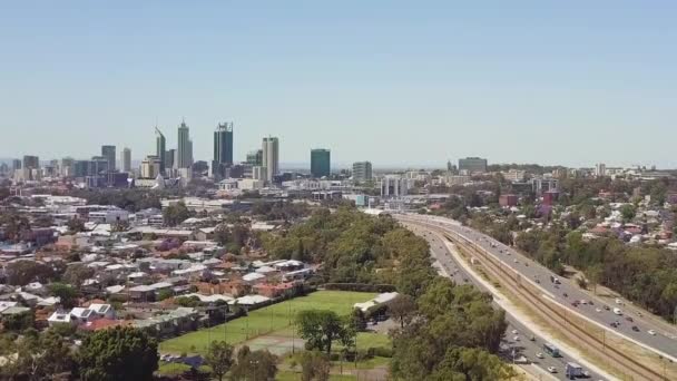 Aerial Freeway Leading High Rise Buildings Distance Pedestal Perth Australia — Video Stock