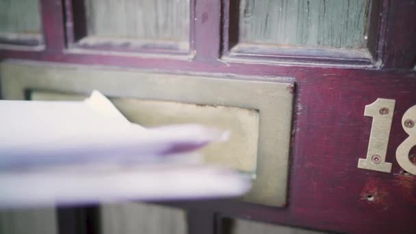 Bunch Letters Delivered Red Painted House Door Mailbox Entrance — 图库视频影像